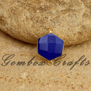 Royal Blue Hydro Quartz Hexagon Briolette 925 Sterling Silver Gold Plated Bezel Connector
