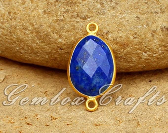Natural Lapis Lazuli 10-15mm Free Form Slices Oval Stations Briolette 925 Sterling Silver Gold Plated Bezel Connector
