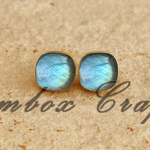 Natural Labradorite Cushion Square Smooth 925 Sterling Silver Gold Plated Smooth Finish Stud Earrings