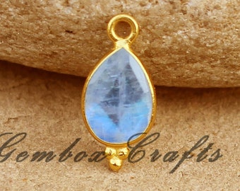 Natural Rainbow Moonstone Pear Briolette Tri-dot 925 Sterling Silver Gold Plated Bezel Charms Pendant- Perfect Silver Jewelry Craft Supplies
