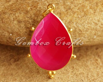 Hot Pink Chalcedony Pear Briolette Brass Setting Gold Plated 5 Tri-dot Bezel Pendant.