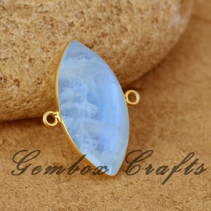 Natural Rainbow Moonstone Marquise Cabochon 925 Sterling Silver Gold Plated Bezel Connector *Long Blue Flase Moonstone*Beauty Boho Jewellry*