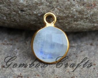 Natural Rainbow Moonstone Round Briolette 925 Sterling Silver Gold Plated Bezel Pendant