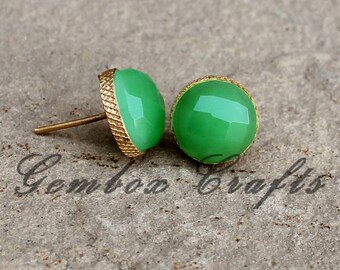Chrysoprase Quartz Round Checker Cut 925 Sterling Silver Gold Plated Textured Finish Stud Earrings