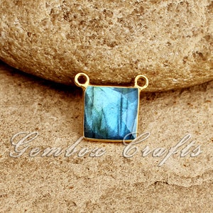 Natural Labradorite Square Briolette 925 Sterling Silver Gold Plated Bezel Pendant With Two Loops