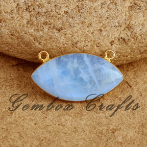 Natural Rainbow Moonstone Marquise Cabochon 925 Sterling Silver Gold Plated Bezel Double Bails Pendant
