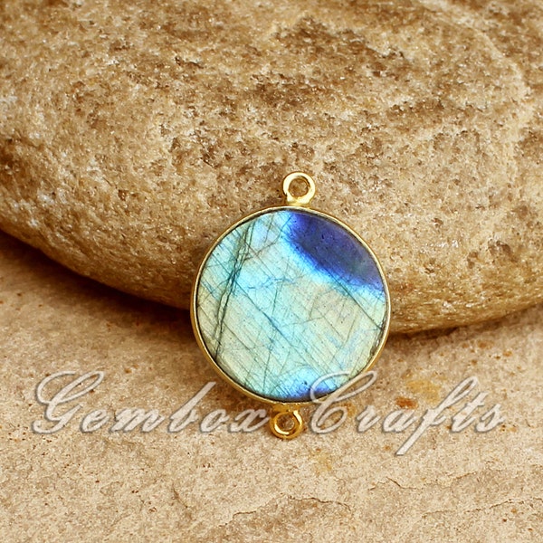 Blue Flash Labradorite Round Flat Silver Bezel Connector, Natural Labradorite Gemstone Disc Pendant, Laborite Coin Sterling Vermeil Findings