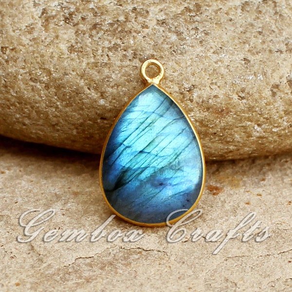 Natural Labradorite Pear Cabochon 925 Sterling Silver Gold Plated Bezel Pendant