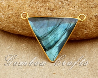 Natural Labradorite Triangle Briolette 925 Sterling Silver Gold Plated Bezel Double Bail Pendant