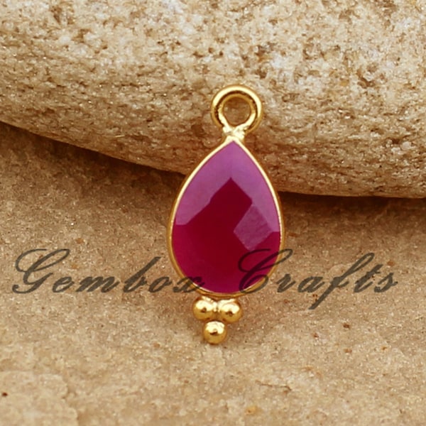 Natural Hot Pink Chalcedony Pear Briolette Tri-dot 925 Sterling Silver Gold Plated Bezel Charm Pendant- Dyed Fuchsia Pink Three Balls Charms