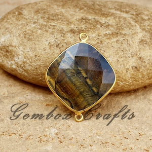 Natural Tiger&#39;s Eye Cushion Square Briolette 925 Sterling Silver Gold Plated Bezel Connector