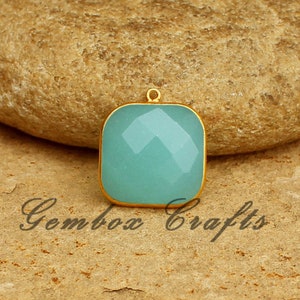 Aqua Hydro Quartz Cushion Square Checker Cut 925 Sterling Silver Gold Plated Bezel Pendant
