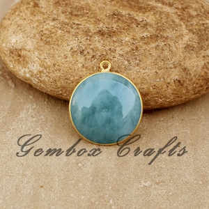 Natural Milky Aquamarine Round Cabochon 925 Sterling Silver Gold Plated Bezel Pendant