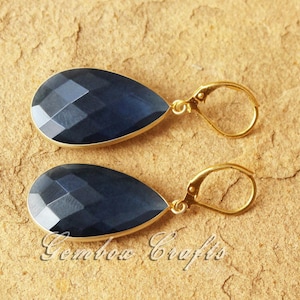 London Blue Topaz Hydro Quartz Pear Briolette 925 Sterling Silver Gold Plated Leverback Earrings.