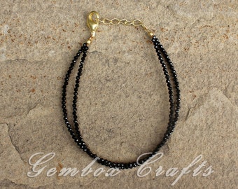 Black Spinel Roundel Faceted Beaded Gold Plated Double Line Bracelet
