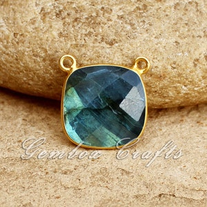 Natural Labradorite Cushion Square Briolette 925 Sterling Silver Gold Plated Bezel Pendant With Two Loops