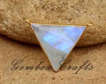 Natural Rainbow Moonstone Triangle Briolette 925 Sterling Silver Gold Plated Bezel Double Bails Pendant