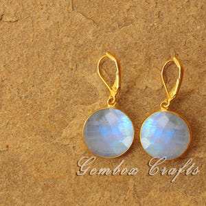 925 Silver Earrings. Rainbow Moonstone Earrings Jewelry. Natural Rainbow Moonstone Round Gemstone Lever Back Earrings.