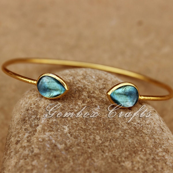 6.5 Inches Natural Labradorite 9x7MM Pear Cabochon Gold Plated Silver Fashion Bracelet- Multi Flash Teardrop Cab Real Vermeil Cuff Hand Band