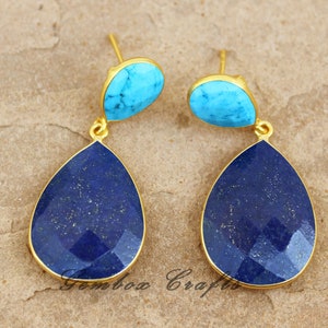 Natural Turquoise 9x12mm & Lapis Lazuli 18x25mm Pear Briolette 925 Sterling Silver Gold Plated Post Earrings | September December Birthstone
