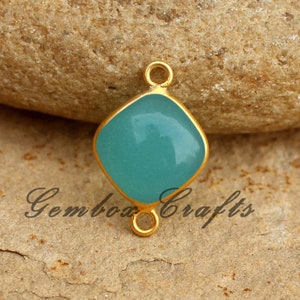 Aqua Hydro Quartz Cushion Square Cabochon 925 Sterling Silver Gold Plated Bezel Connector