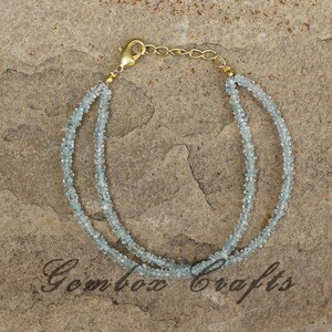 Natural Aquamarine 2mm Roundel Faceted Beaded Gold Plated Double Line Bracelet