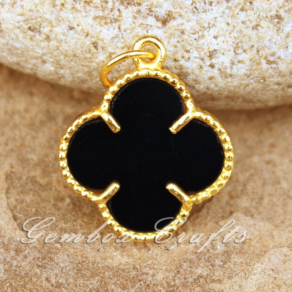 Natural Black Onyx Clover Pendant, 14K Golden Black Clover Pendant, Four-Leaf Necklace, Black Clover Chain Necklace, Black Onyx Flower Charm