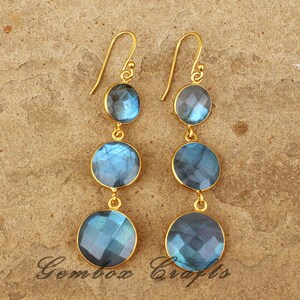 Natural Labradorite 10MMX12MMx14MM Round Briolette 925 Sterling Silver Gold Plated Earhook Earrings-Multi Flash Long Hanging Pair-Party Wear