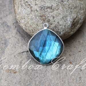 Natural Labradorite Cushion Square Briolette 925 Sterling Silver Plated Bezel Pendant