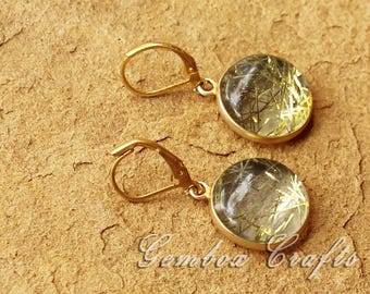 925 Silver Earrings. Golden Rutilated Earrings Jewelry. Golden Rutilated Hydro Quartz Round Cabochon Gemstone Lever Back Earrings.