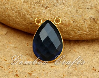 London Blue Topaz Hydro Quartz Pear Briolette 925 Sterling Silver Gold Plated Bezel Double Bails Pendant