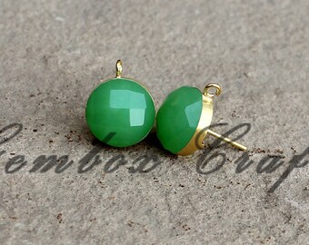 Chrysoprase Quartz Round Checker Cut 925 Sterling Silver Gold Plated Smooth Finish Stud Earrings With Loop