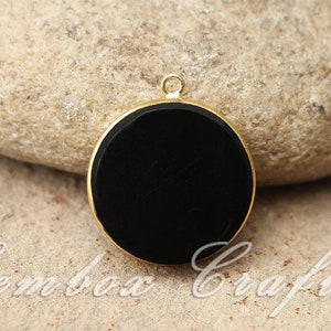 Black Onyx Round Both Side Flat Bezel Pendant, Onyx Gemstone Smooth Discs Charms, Natural Black Stone Round Coin 925 Silver Jewelry Supplies