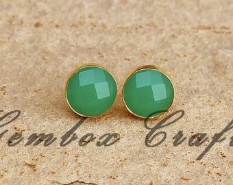 Chrysoprase Quartz Round Checker Cut 925 Sterling Silver Gold Plated Smooth Finish Stud Earring, Circle One Side Cut Gemstone Earring Clips