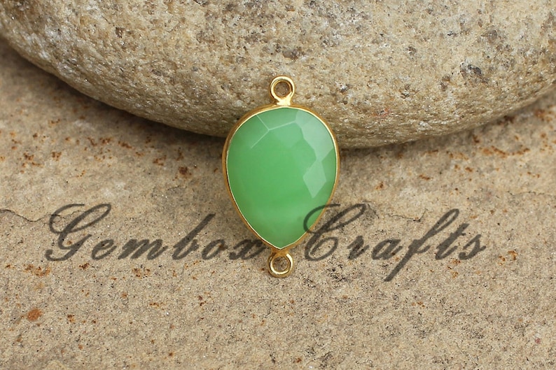Chrysoprase Quartz 15x25mm Pear Briolette 925 Sterling Silver Gold Plated Bezel Connector