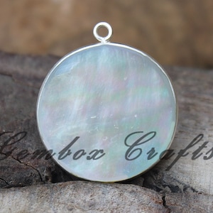 Natural Mother of Pearl Round Flat Smooth 925 Sterling Silver Plated Bezel Pendant