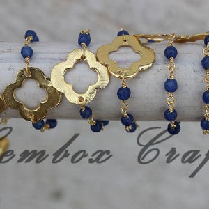 Blue Quartz 3-4mm Round Faceted Beaded Gold Plated Rosary Chain With Clover