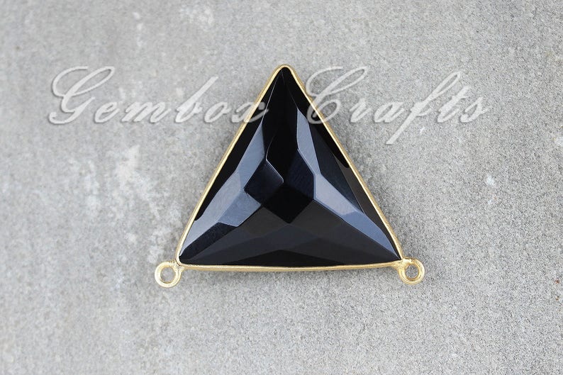 Black Onyx 18mm Triangle Briolette 925 Sterling Silver Gold Plated Bezel Double Bail Pendant