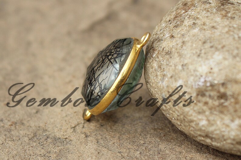 Black Rutilated Quartz 18mm Round Briolette 925 Sterling Silver Gold Plated Bezel Connector