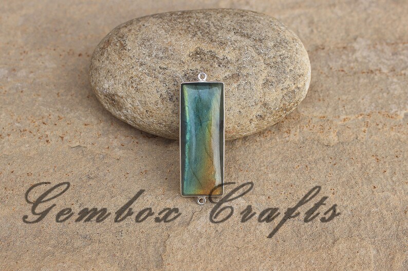Natural Labradorite 13x44mm Rectangle Cabochon 925 Sterling Silver Plated Bezel Connector
