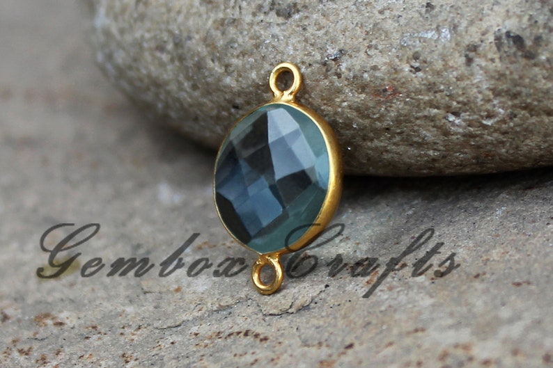 Sky Blue Topaz Hydro Quartz 18mm Round Briolette 925 Sterling Silver Gold Plated Bezel Connector