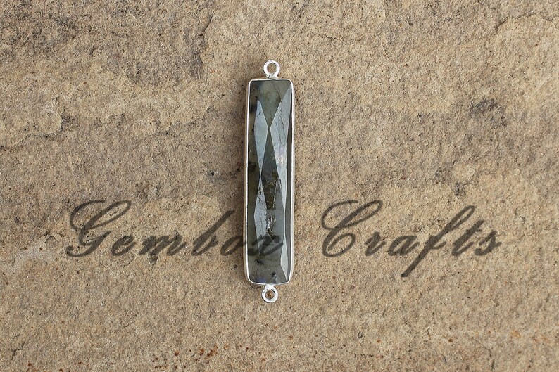 Natural Labradorite 8x40mm Rectangle Briolette 925 Sterling Silver Gold Plated Bezel Connector