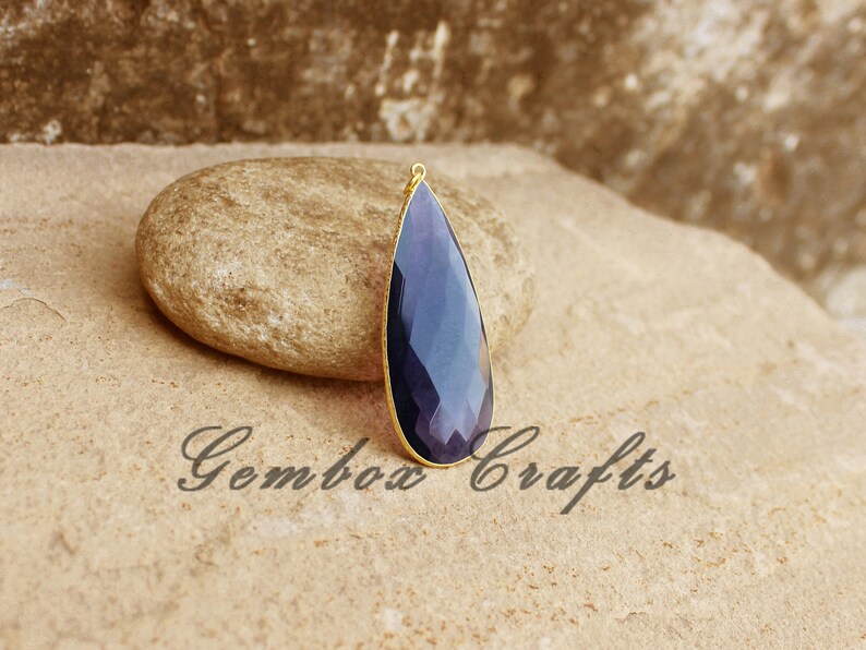 Amethyst Hydro Quartz Pear Briolette 925 Sterling Silver Gold Plated Textured Bezel Pendant