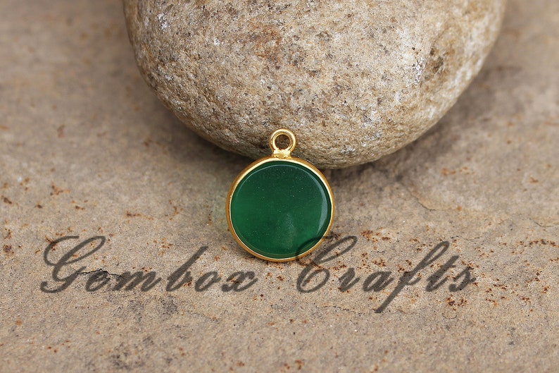 Natural Green Onyx 20mm Round Both Side Flat Smooth 925 Sterling Silver Gold Plated Bezel Pendant