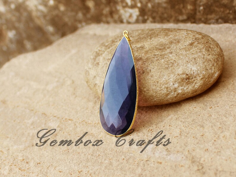 Amethyst Hydro Quartz Pear Briolette 925 Sterling Silver Gold Plated Textured Bezel Pendant