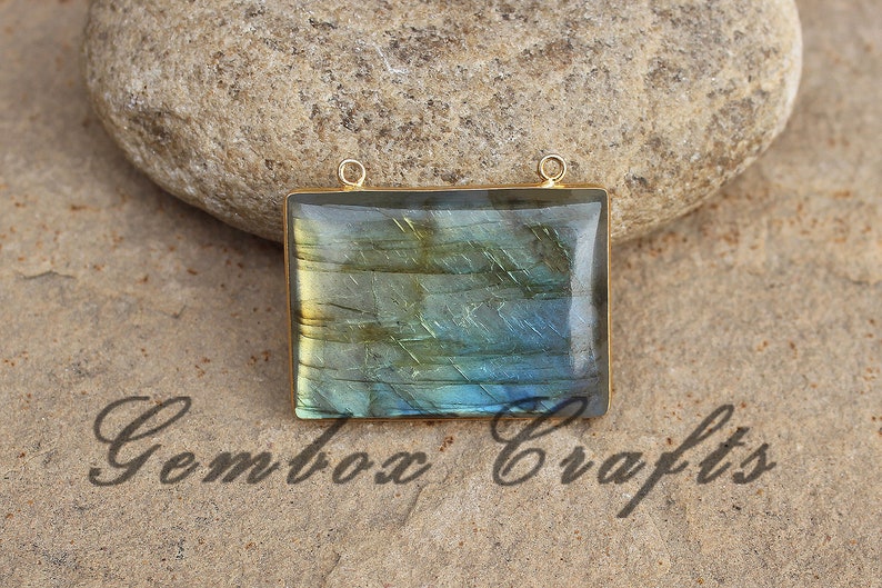 Natural Labradorite 34x24mm Rectangle Cabochon 925 Sterling Silver Plated Bezel Pendant With Loop