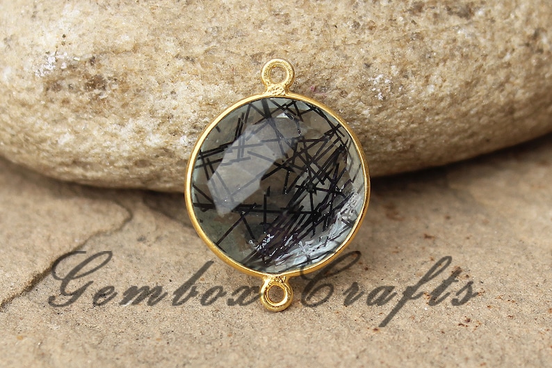 Black Rutilated Quartz 18mm Round Briolette 925 Sterling Silver Gold Plated Bezel Connector