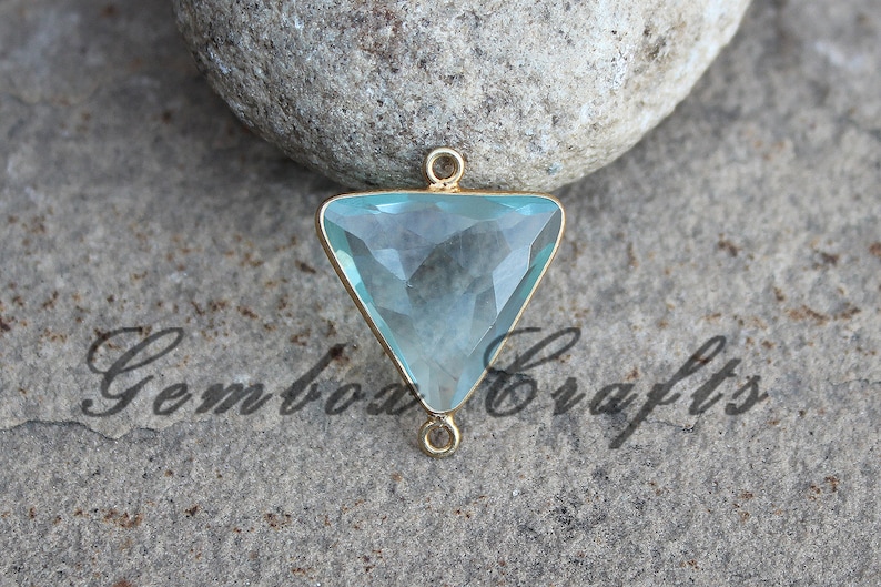Sky Blue Topaz Quartz 22mm Triangle Briolette 925 Sterling Silver Gold Plated Bezel Connector