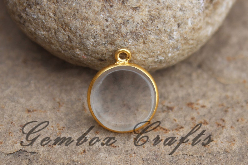 Crystal Hydro Quartz 22mm Round Both Side Flat Smooth 925 Sterling Silver Gold Plated Bezel Pendant