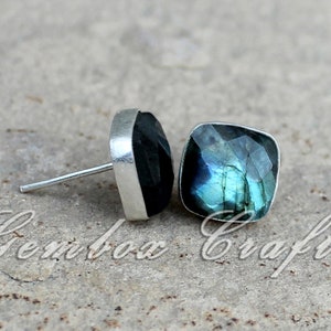 Natural Labradorite Cushion Square Checker Cut 925 Sterling Silver Plated Smooth Finish Studs Earring
